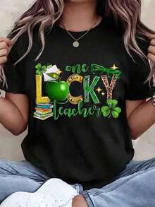 NewSummerCasual Women's "One Lucky Teacher" Print T-Shirt For St. Patrick's Day, Crew Neck, Casual Style, Teacher Gift, 180g, 100% Cotton, Designs Are Printed. Unisex.-Unisex Urban Vintage Style Loose Fit Short-Sleeve Cotton Crew Neck T-Shirt. - 黑色 - 查看 6