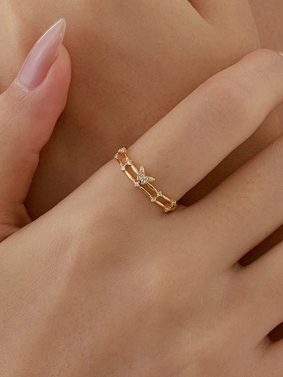 1 pieza Anillo ajustable de doble capa con mariposa y cristales de estilo frío - Anillo apilable brillante, joyería de declaración de verano para mujeres - Mariposa - Ver 1