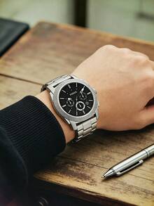Fossil Men's Chronograph Watch Luxury Brand Machine Black Dial Stainless Steel Bracelet Sport Dress Watch | Silver Knurled Bezel Three Subdial Date Display Analog Wristwatch | Bold Gift for Him Birthday Father's Day Graduation Business Travel Outdoor Adventure - 銀色 - 查看 2