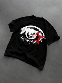T-shirt Y2K pour hommes, imprimé œil, col rond, streetwear d'été, unisexe, haut décontracté, vêtement d'extérieur, polyvalent au quotidien - Noir - Voir 1