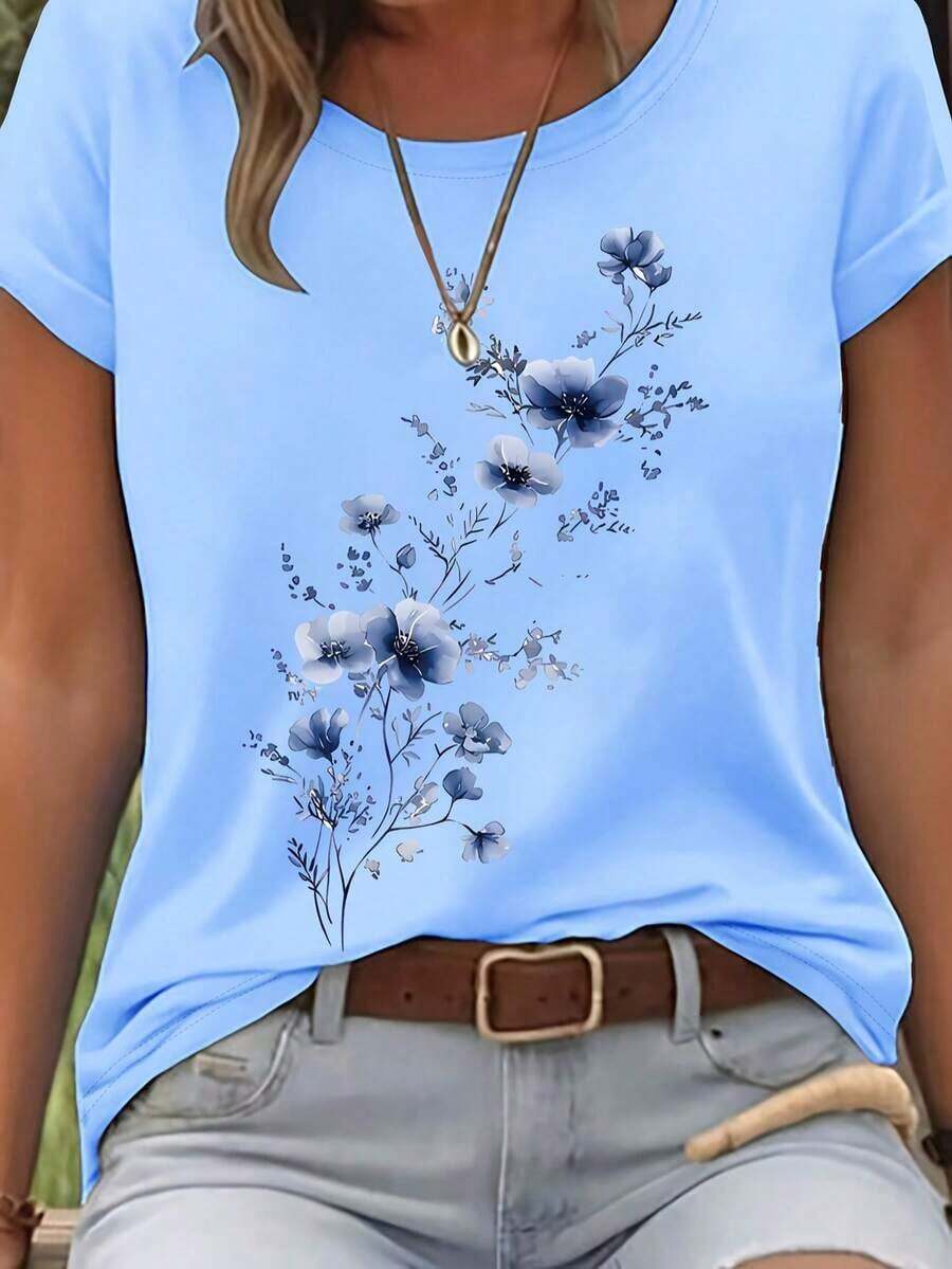 Women's Plus Size Short-Sleeved T-Shirt With Round Neck And Elegant Floral Print, White With Blue Flowers, Versatile And Casual For All Seasons, Summer - 賽萊斯特 - 查看 1