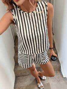 Set de 2 piezas de top corto sin mangas a rayas y pantalones, conjunto informal de verano con bolsillos para mujer - Negro 2 - Ver 6