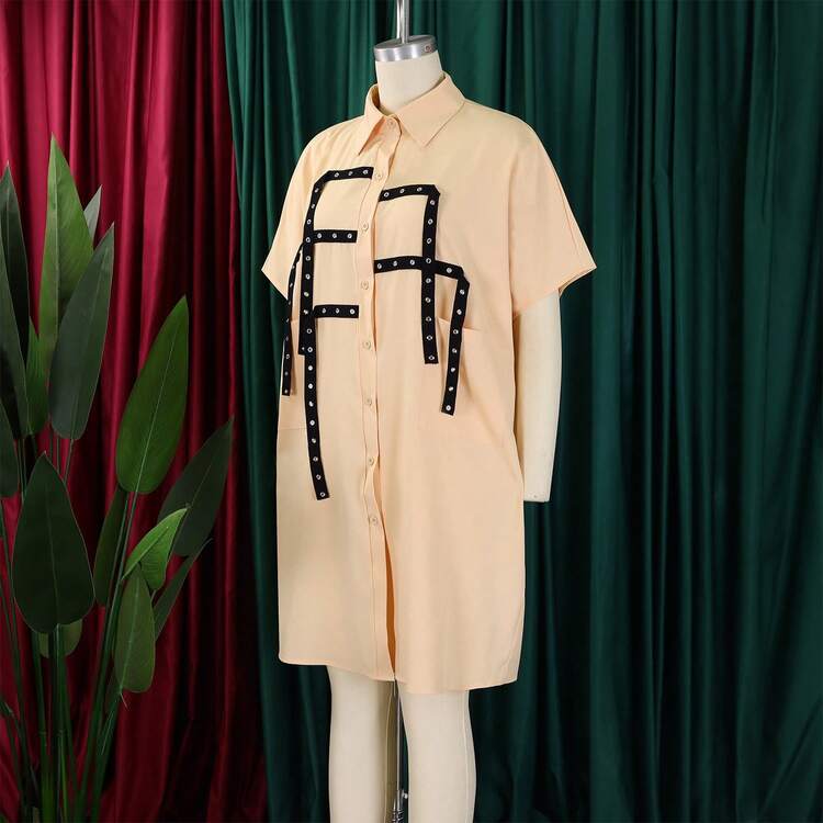Loose-Fitting Midi Shirt Dress 2026 With Lapel And Short Sleeves - 卡其色 - 查看 4