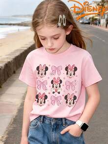 Disney Kids' Spring And Summer Crew Neck Short-Sleeve Girls' T-Shirt With Minnie Mouse And Bows Print, Pink Top. Made Of 100% Soft Cotton, Suitable For School, Parties, Outdoor Activities And Trips To Disneyland. - 粉色 - 查看 1