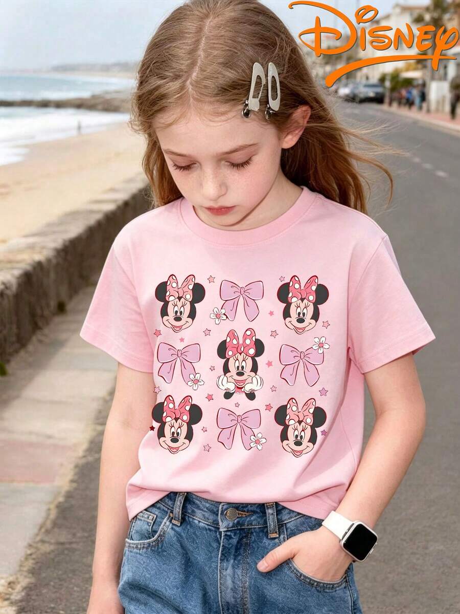 Disney Kids' Spring And Summer Crew Neck Short-Sleeve Girls' T-Shirt With Minnie Mouse And Bows Print, Pink Top. Made Of 100% Soft Cotton, Suitable For School, Parties, Outdoor Activities And Trips To Disneyland. - 粉色 - 查看 1
