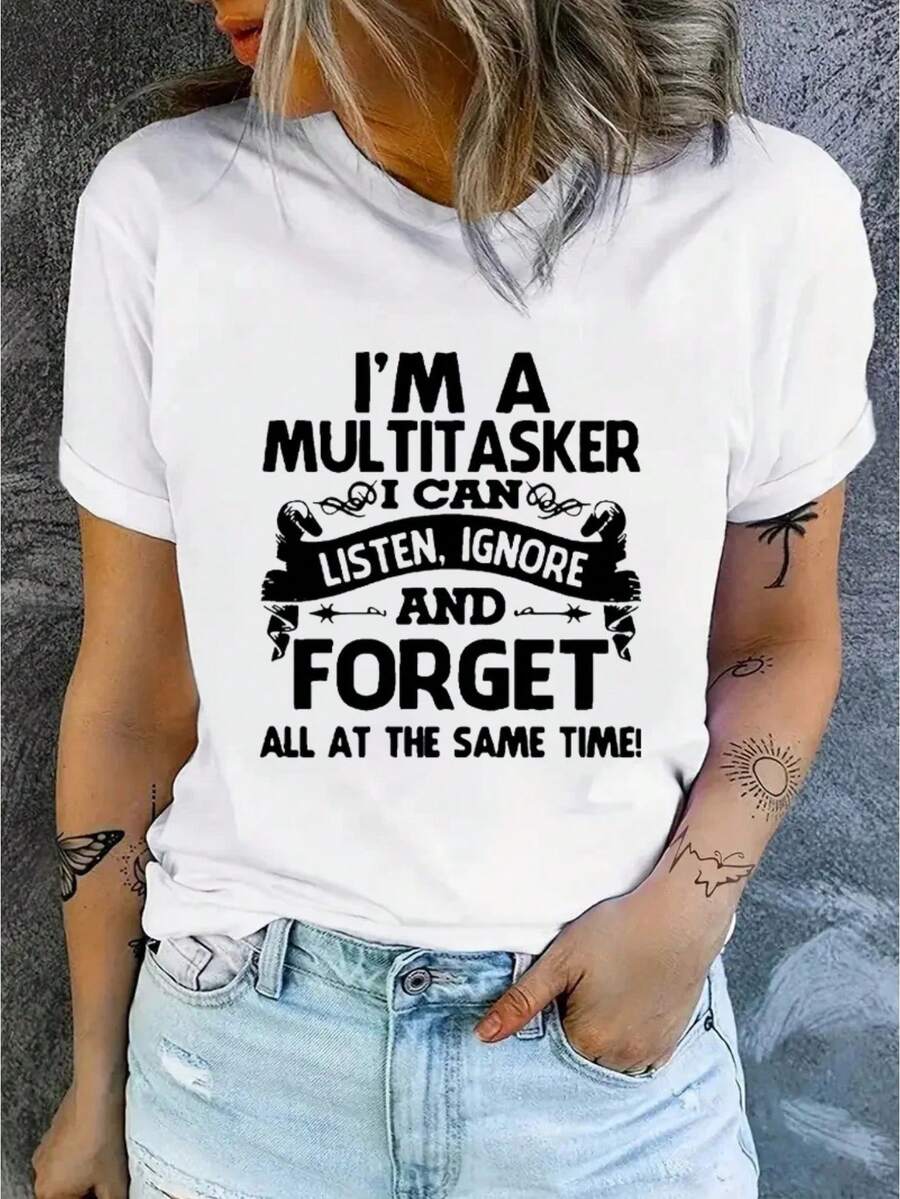 Women'S Casual Round Neck T-Shirt, Short Sleeve Cotton Knit Tee, Regular Length, With Letter Print, For All Seasons - White - View 1