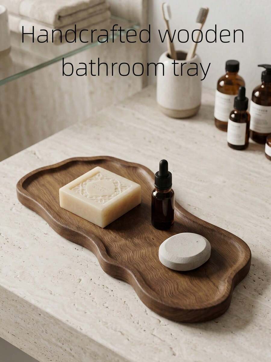 Creative Shaped Decorative Tray, Bathroom Tray, Bedroom Vanity Tray, Kitchen Decor, Scotch Whisky Tray, Suitable For Living Room, Hotel, Shower, Bathroom Party, Bathroom Storage, Essential Bathroom Tray Items, Graduation Commemorative Wooden Products - Brown - View 1