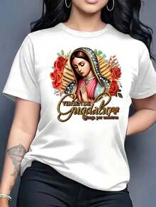 Women's Clothing Short-Sleeved T-Shirt With Round Neck And Virgin Mary Of Guadalupe Print For Women Women's Shirts - 白色 - 查看 6