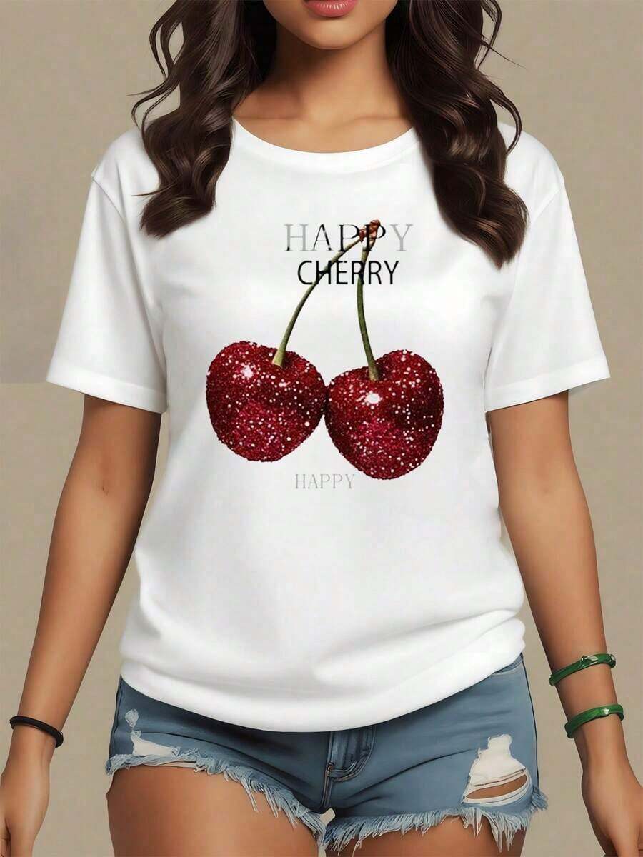 Two Bright Red Cherries Symbolize Joy, Vitality And Positive Energy In Daily Life. Women's T-Shirt, 100% Soft And Comfortable Cotton, For Casual Summer Wear, Maija Curvy Women. - 白色 - 查看 1