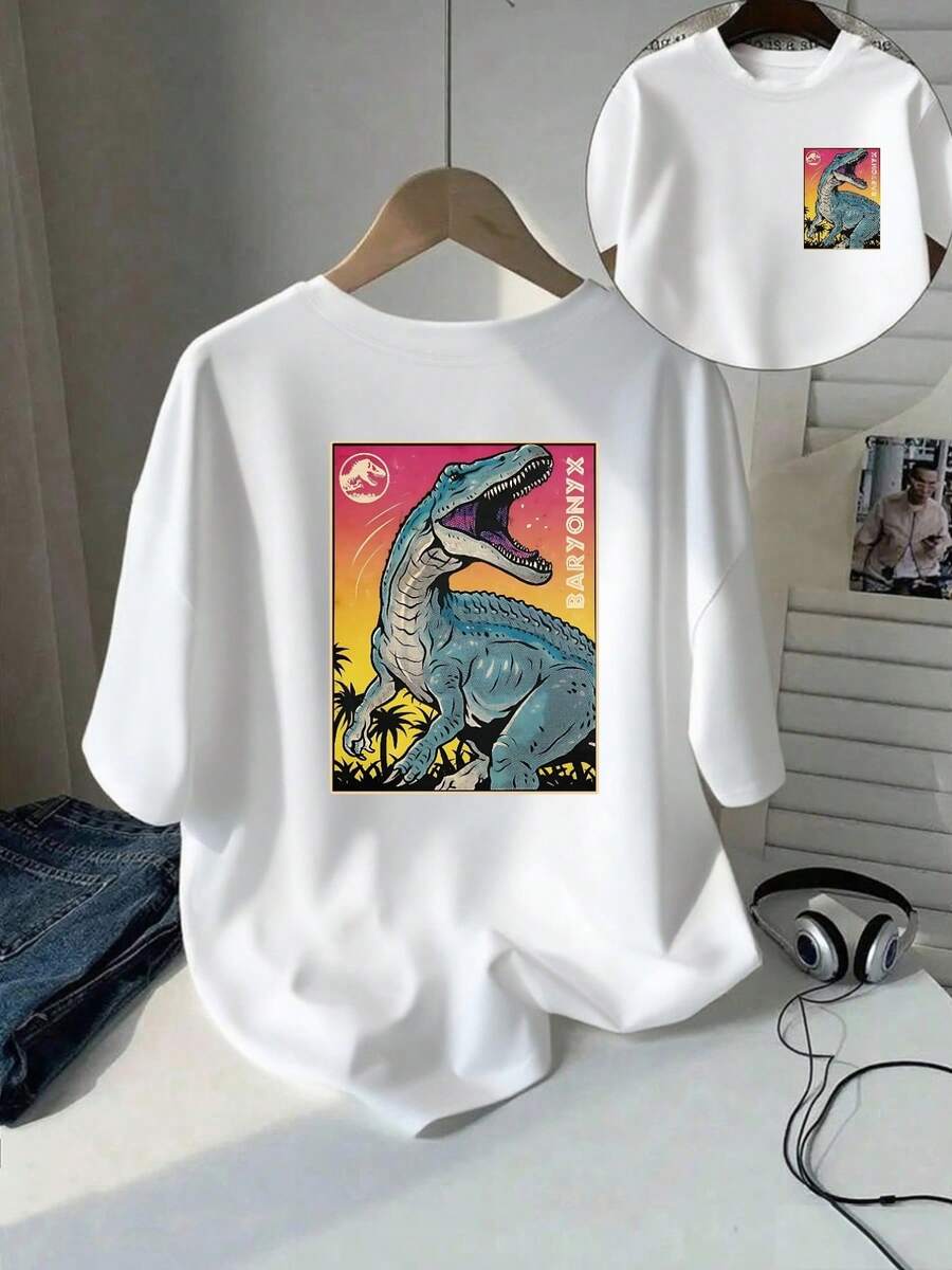 Baryonyx Dinosaur Print T-Shirt, Short Sleeve, Round Neck, Casual Spring Summer Top, Women's Clothing Y2k, T-Shirt, Shirt - 白色 - 查看 1