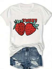 Women's 'Sweet' Strawberry Graphic T-Shirt - Green, Short Sleeve, Crew Neck, All Seasons, Casual Tee | Playful Print Top | Comfortable Fit, Strawberry Top - 黑色 - 查看 6