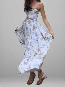 Vestido sin mangas primavera estampado combinado estilo europeo casual elegante para mujer - Dorado - Ver 4