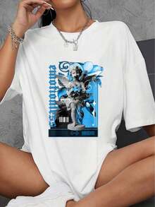 1 pieza de camiseta de algodón 100% para mujer, color azul polvo, modelo Emotionless, talla 9. Camiseta de algodón grueso para mujer, ideal para Navidad (1 pieza). 180g, 100% algodón, los diseños están impresos. Unisexo. - Blanco - Ver 1