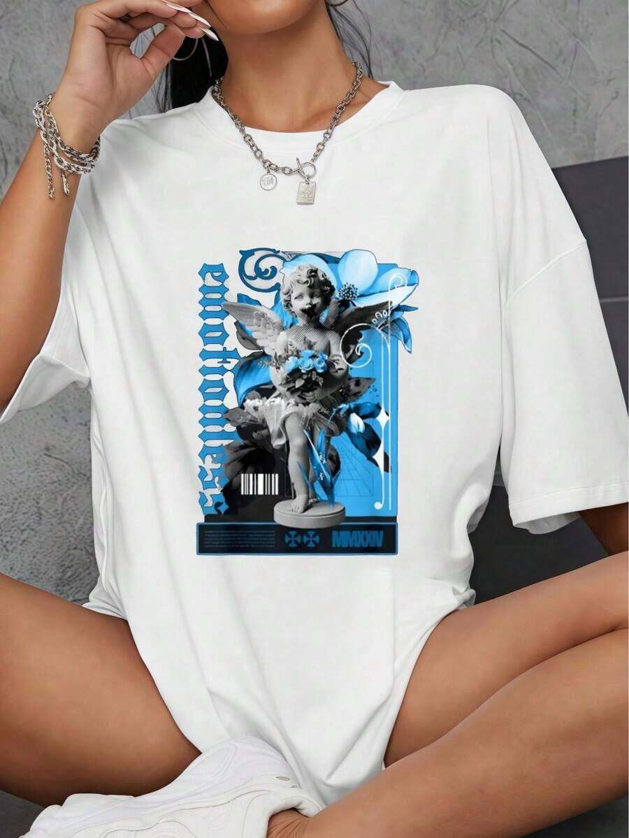 1 pieza de camiseta de algodón 100% para mujer, color azul polvo, modelo Emotionless, talla 9. Camiseta de algodón grueso para mujer, ideal para Navidad (1 pieza). 180g, 100% algodón, los diseños están impresos. Unisexo. - Blanco - Ver 1