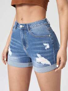 Pantalones Cortos De Mezclilla Con Borde Deshilachado - Azul lavado medio 2 - Ver 6