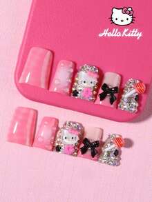 SANRIO 24片中号3D立体豹纹粉色法式美甲贴纸，包含可爱的3D Hello Kitty、蝴蝶结、爱心、钻石星星、棒棒糖、水钻和花朵装饰，粉嫩少女风，适合日常和派对。套装包含1瓶果冻胶和1把指甲锉。适合女性和女孩使用。 - 彩色 - 查看 3