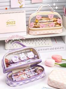 Hộp bút hai lớp trong suốt Sanrio - Túi đựng văn phòng phẩm dung tích lớn, hình hoạt hình dễ thương, có tay cầm, dành cho học sinh. - Phiên bản hoạt hình - Xem 3