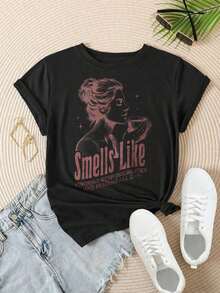 Mujer Sosteniendo una Taza con Estrellas y Texto, Camiseta Casual con Estampado Moderno para Mujer, Adecuada para Todas las Temporadas  
 -Blanco - Negro - Ver 2