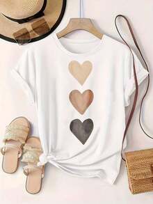 Women's Casual Short Sleeve T-Shirt - Vertical Print Of Three Wooden Hearts, Round Neck, Summer Top, Machine Washable, Ladies' T-Shirts, Casual Wear, Modern Style, Comfortable Fit

-White - 白色 - 查看 2