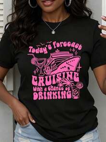 Women's Crew Neck T-Shirt With Graphic Print "Today I Have Plans For A Walk With The Possibility Of Having A Drink", Short Sleeve, For Cruises, Holidays And Parties. - 黑色 - 查看 7