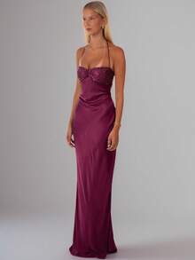 Vestido Largo Satén Lentejuelas Strapless 2026 Espalda Descubierta Fiesta - Morado - Ver 3