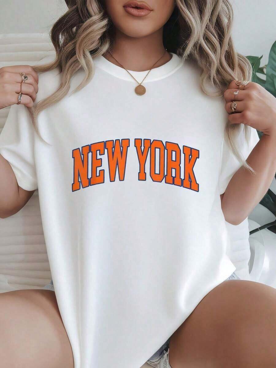 Camiseta de Mujer Casual de Corte Holgado, Opciones en Blanco y Negro, Estampado Gráfico de Nueva York, Camisetas de Verano, Camisetas Gráficas para Mujer, Conjuntos de Verano, Camisetas Cortas para Mujer, Ropa Vintage de Algodón, Ropa Linda para Mujer, Nuevas Llegadas de Verano. - Blanco - Ver 1