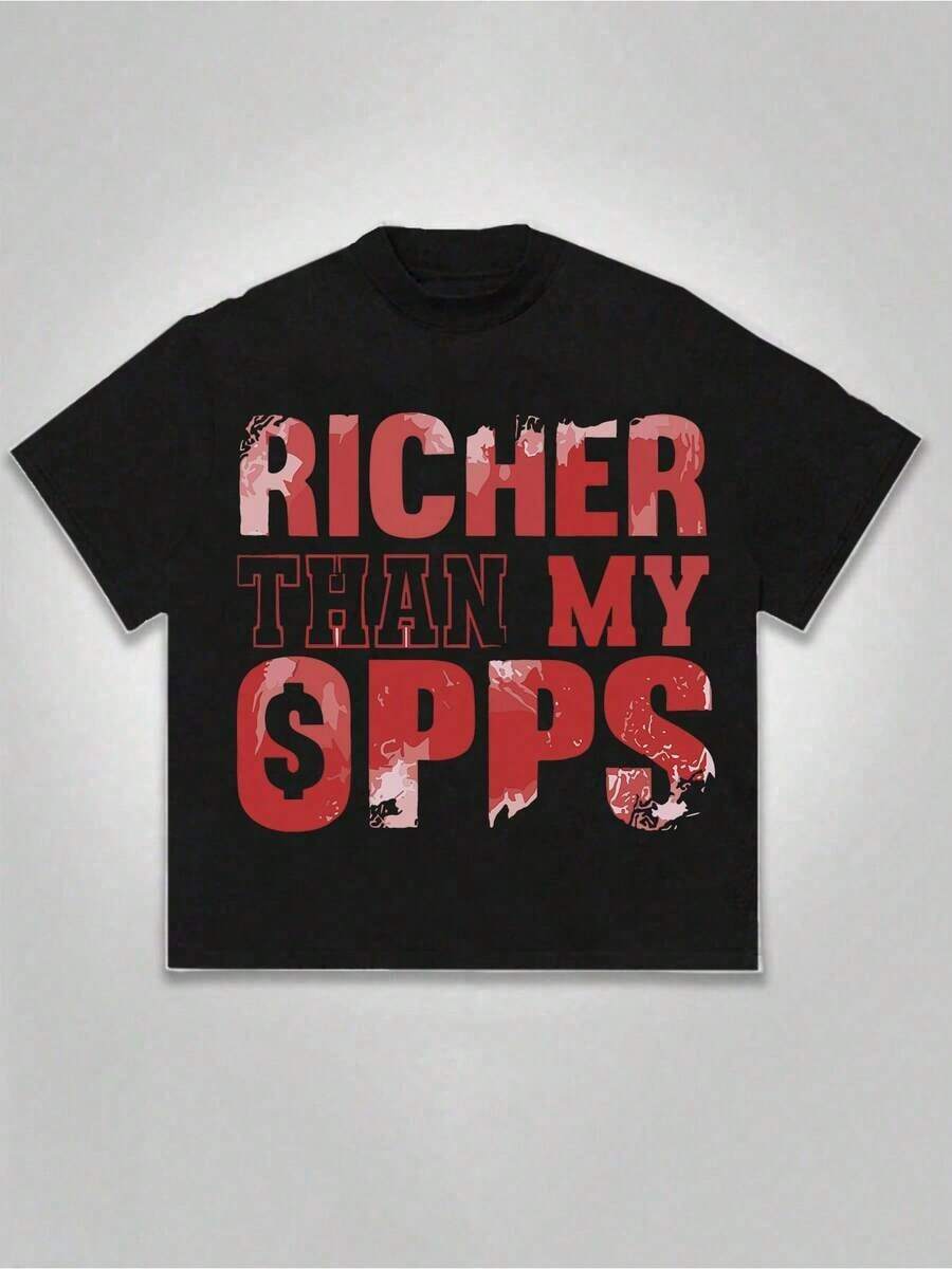1 Piece Of Women's T-Shirt, "Richer Than My Competitors" (1 Piece), 100% Cotton, Casual Printed T-Shirt, Round Neck, Short Sleeve, Cotton T-Shirt, For Gift, Summer, Unisex, 180g 100% Cotton, All Designs Are Printed. Unisex. - 黑色 - 查看 1