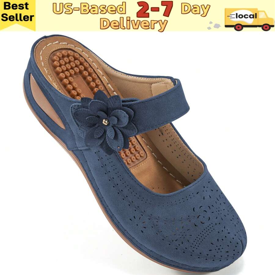 Ecetana Women's Hollow Out Flower Mule Sandals, Summer Breathable Closed Toe Slide Shoes,Women's Summer Blue Sandals: Arch Support Sport Slides With Platform Wedge Heel & Hook And Loop Ankle Strap | Orthopedic Comfort Sandals For Walking, Travel, Beach & Casual Wear | Breathable Open-Toe Design With Thick Cushioned Sole. - 藍色 - 查看 1