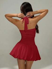 Vestido informal corto de unicolor con cuello de lazo y espalda descubierta para mujer - Burdeos - Ver 2