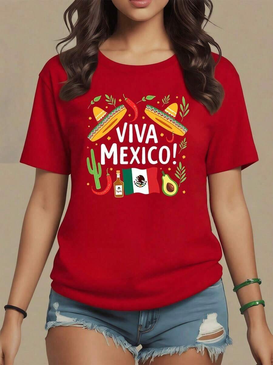 Premium Print Celebrates Mexican Culture With Sombreros, Chiles, Cacti, The Flag, Tequila, And Avocado, Evoking National Pride And Joy. Women's T-Shirt, 100% Soft And Comfortable Cotton For Everyday Wear. . - 紅色 - 查看 1