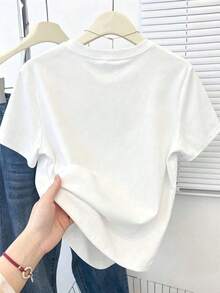 Camiseta de cuello redondo holgada con bordado de letra NY en negro, top casual de verano; Camiseta casual de manga corta gris claro, diseño elegante y cómodo, camiseta casual para exteriores - Blanco - Ver 2