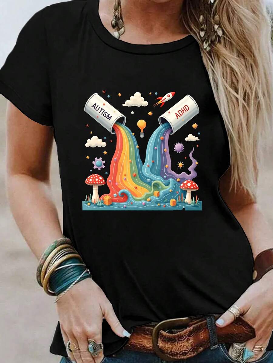 Camiseta con Estampado Brillante y Colorido para Autismo y TDAH, Manga Corta, Cuello Redondo, Ropa Casual de Primavera/Verano para Mujer, 100% Algodón - Negro - Ver 1