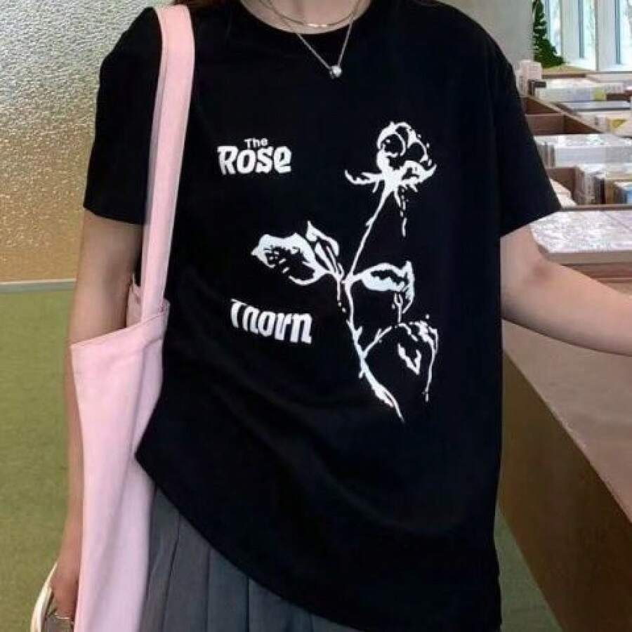 Women's Short-Sleeved T-Shirt, American Style, Vintage Floral Design, Black, Korean Version, Loose And Casual, Versatile, Youthful And Stylish Summer Top. - 黑色短袖[ROS一枝花] - 查看 1