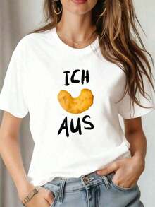 Diseñada para mujeres modernas, elegantes y cómodas. Camisetas de verano para mujer. Camiseta casual de cuello redondo con divertido texto en alemán "ICH AUS" y estampado de dibujos animados - negra con letras blancas, elasticidad media, lavable a máquina, atuendo casual de primavera/verano. Confeccionada con tela suave y transpirable de primera calidad, diseñada para comodidad durante todo el día y uso diario versátil, perfecta para salidas informales. - Blanco - Ver 11