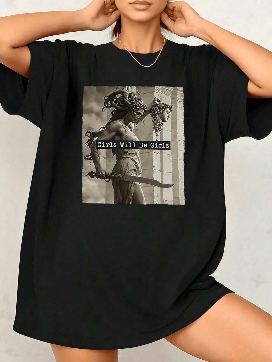 Camiseta Casual Vintage para Mujer, Estilo Urbano, UniVintage Medusa, 220g, Mitología Griega, 100% Algodón, 1 Pieza, Camiseta con Estampado Gráfico Atrevido, 100% Algodón Transpirable - Negro - Ver 1