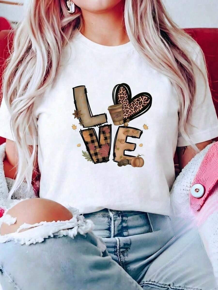 New Short-Sleeved T-Shirt With A Round Neck For Women, Spring-Summer Design, With Modern And Simple Lettering And A Fox Heart Print, Breathable And Sweat-Wicking. Direct Shipping From Our Local Warehouse, Couples' Style, Ideal For Wearing Together. - 白色 - 查看 1