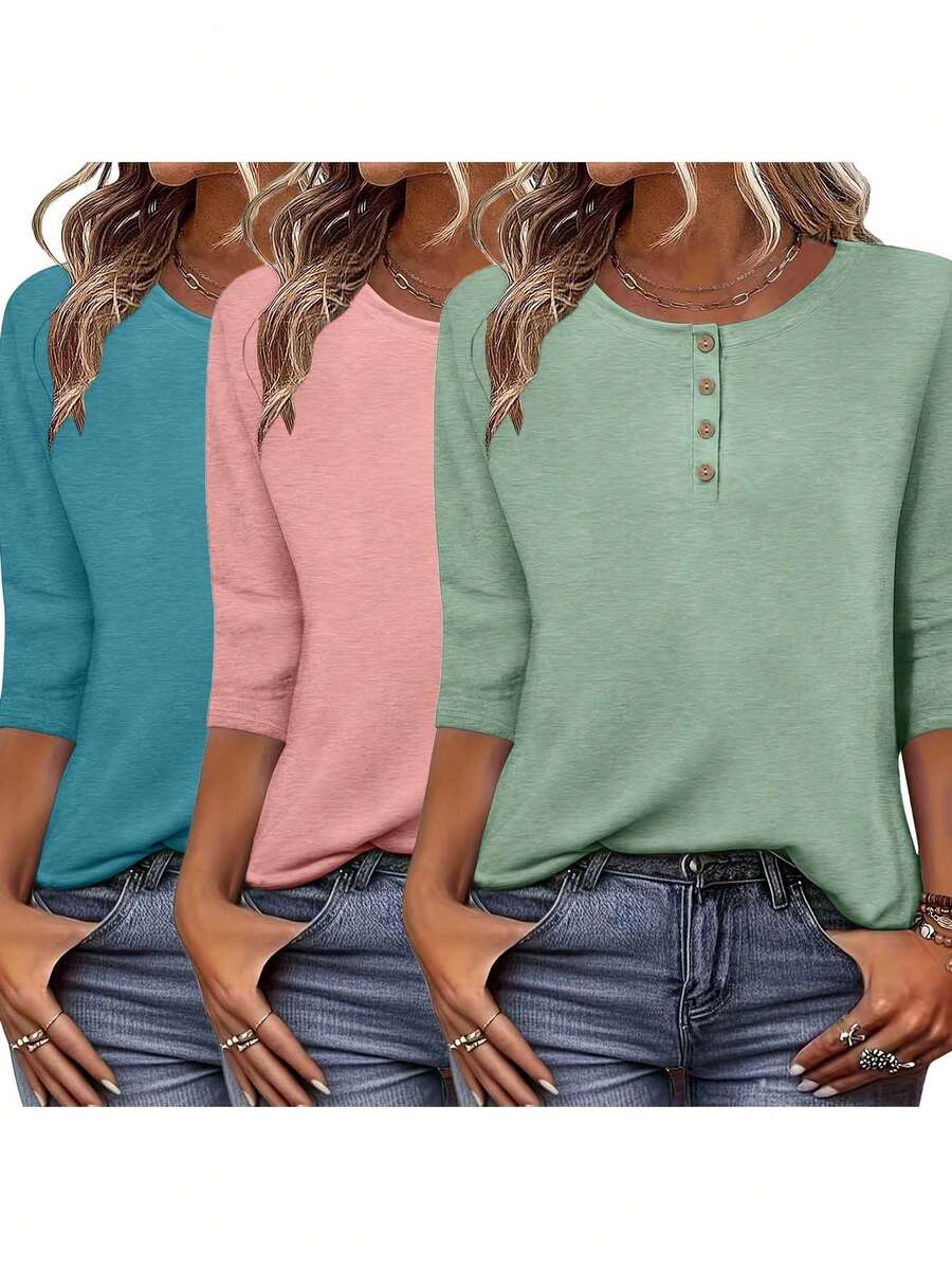 3pcs Atasan Wanita Polos Leher Bulat Lengan 3/4 Kasual Longgar