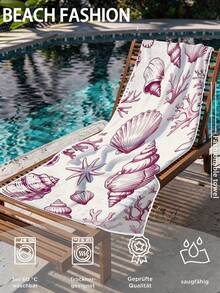 夏季速干吸水超细纤维沙滩巾 | 70*140cm/90*180cm 可选 | 插画风格 白底红贝壳图案印花 | 便携式游泳/浴巾，可选配收纳袋，适用于沙滩、浴室、露营、健身、旅行 - 白色 - 查看 2