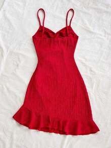 Vestido mini ajustado con cintura ceñida, bajo con volantes y giro asimétrico en el pecho, tejido en rojo, adecuado para vacaciones, citas, té de la tarde, vacaciones, festivales de música, estilo bohemio - Rojo - Ver 2