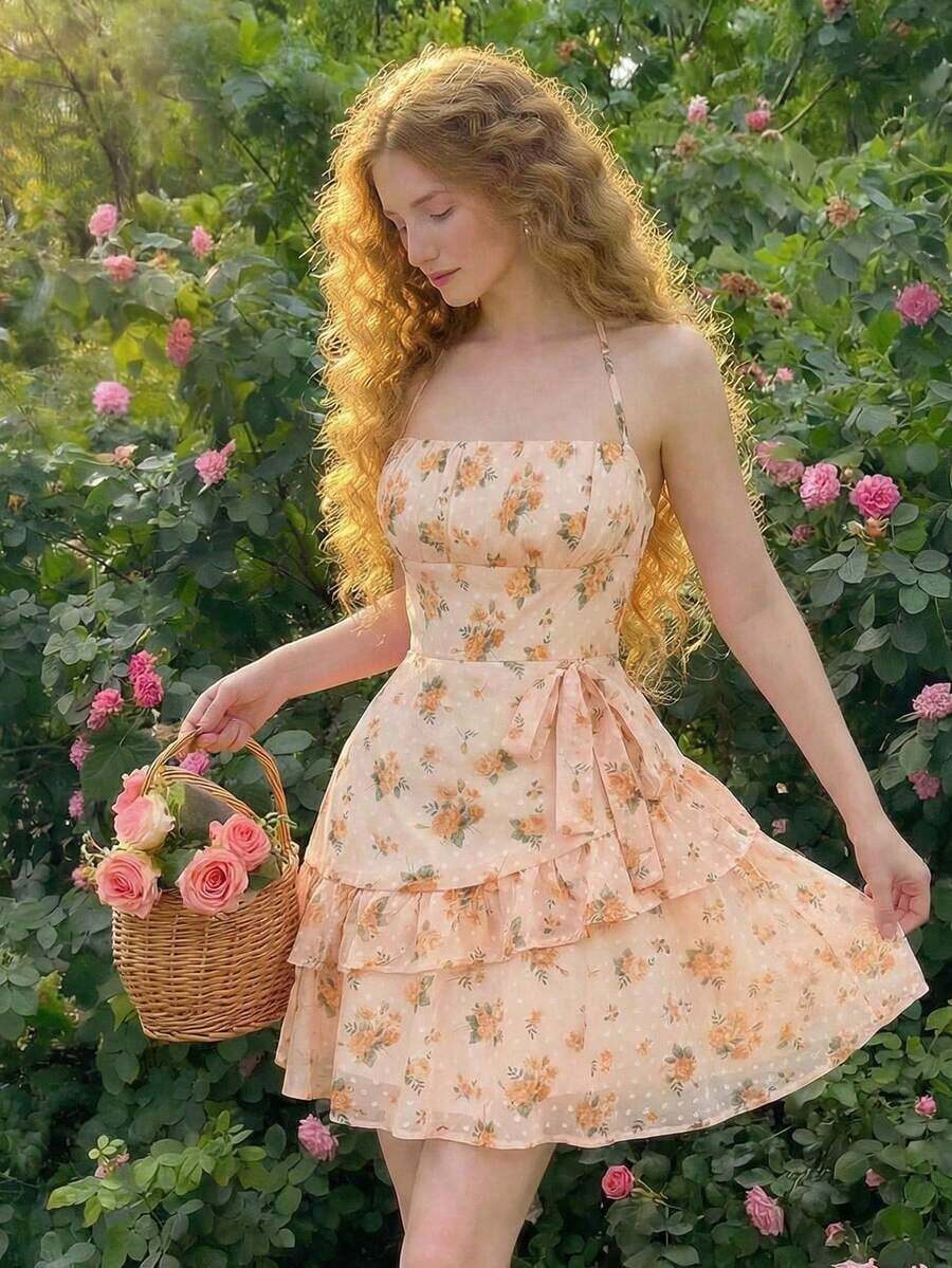 Vestido mini con cuello halter romántico y de moda para mujer - Amarillo - Ver 1