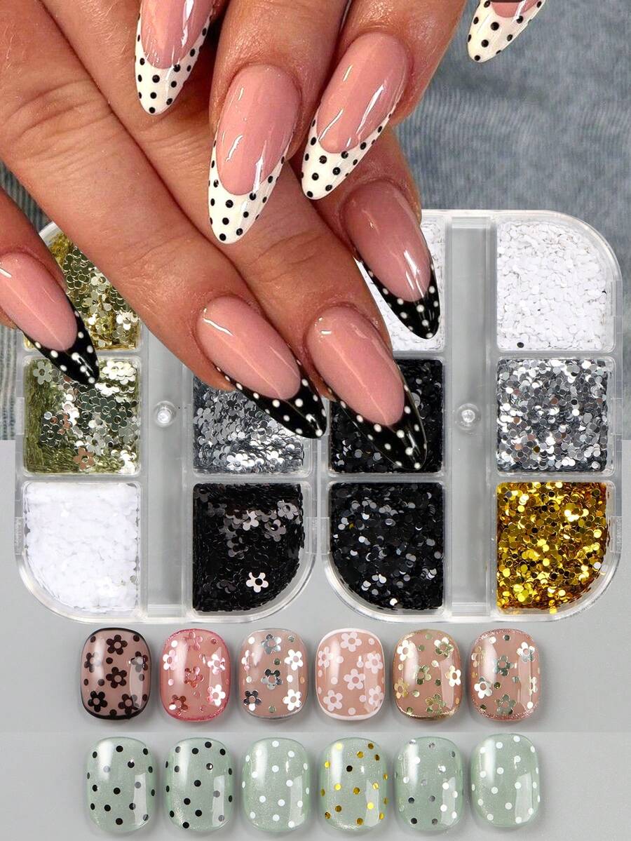 Bộ 2 hộp mini sequin trang trí nail chấm bi đen trắng & hoa nhỏ, kim tuyến nail chấm bi dễ thương phong cách Nhật, cánh hoa siêu mỏng Y2K, charm nail vàng bạc - Nhiều màu - Xem 1