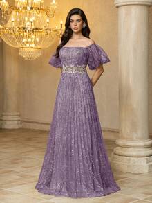 UNITHORSE [Random Print] Women's Off-Shoulder Short Sleeve Fitted Applique Ruched Evening Dress - Purple - View 6