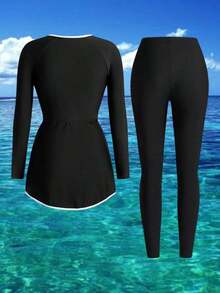 Swim Shayni 2 piezas Conjunto burkini elegante y casual para primavera/verano, vacaciones y fiestas en la playa, falda acampanada con corte en V en negro con ribete blanco y pantalones con cremallera delantera - Blanco y Negro - Ver 3