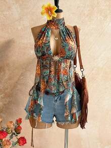 Blusa de mujer con encaje bordado, escote halter, espalda descubierta, tirantes con lazo, bajo fluido y elegante, adecuada para la playa, cruceros y resorts - Multicolor - Ver 1