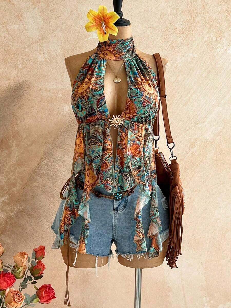 Blusa de mujer con encaje bordado, escote halter, espalda descubierta, tirantes con lazo, bajo fluido y elegante, adecuada para la playa, cruceros y resorts - Multicolor - Ver 1