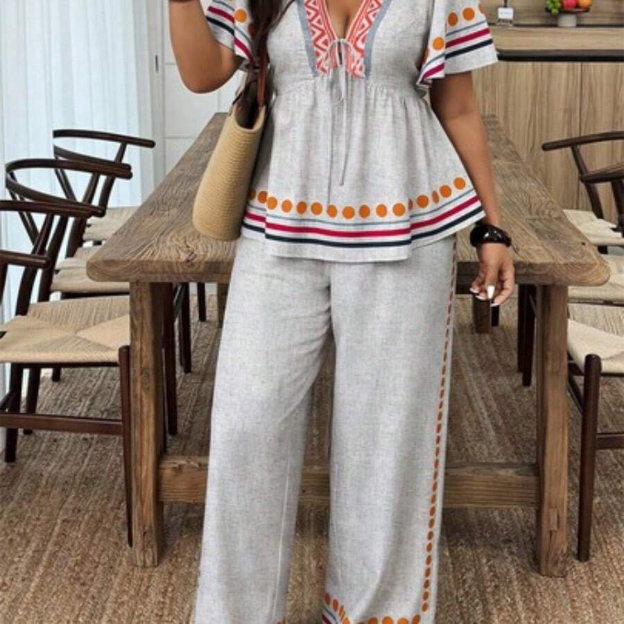 2pcs Plus Size Women Set: Plaid Tie Front Short Sleeve Shirt And Wide Leg Pants - Multicolor - Ver 1