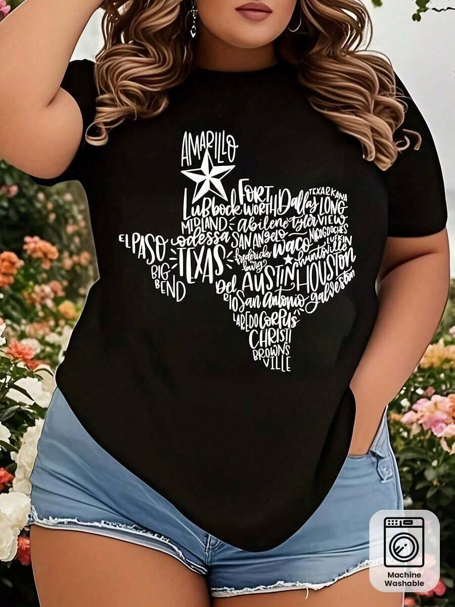 1 pieza de camiseta unisex para mujer con diseño de mapa y palabras que representan el orgullo del estado de Texas - Ciudades y pueblos de Texas, camiseta de cuello redondo suave, transpirable y ligera, ideal para atuendos casuales de verano, barbacoas, eventos con temática texana, lavable a máquina, ropa casual cómoda, 180g 100% algodón. - Negro - Ver 1