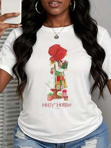 1 Piece Holly Hobbie Women's T-Shirt With Christmas Character Print, Holiday Gift Design, Casual Wear For The Festive Season, 180g, 100% Cotton. - 黑色 - 查看 9