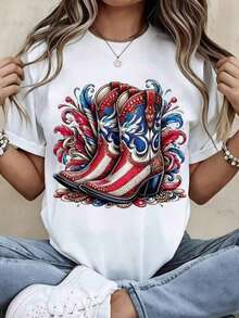 1 pieza de camiseta de cuello redondo para mujer con diseño de botas vaqueras patrióticas y bandera estadounidense, manga corta, estilo casual de verano para uso diario y conjuntos de estilo occidental. Conjuntos de Verano para Mujer, Ropa de Vacaciones para Mujer, Elegantes 180g 100% Algodón - Blanco - Ver 1