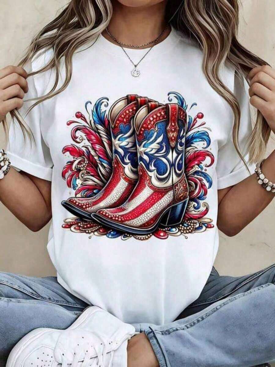 1 pieza de camiseta de cuello redondo para mujer con diseño de botas vaqueras patrióticas y bandera estadounidense, manga corta, estilo casual de verano para uso diario y conjuntos de estilo occidental. Conjuntos de Verano para Mujer, Ropa de Vacaciones para Mujer, Elegantes 180g 100% Algodón - Blanco - Ver 1